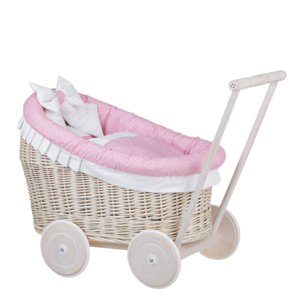 Luna wicker doll stroller with pink trim, blanket, and pillow