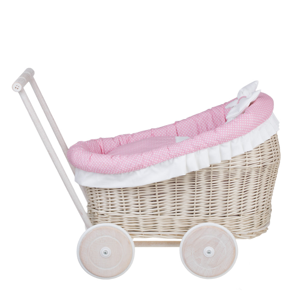 Luna wicker doll stroller with pink trim, blanket, and pillow