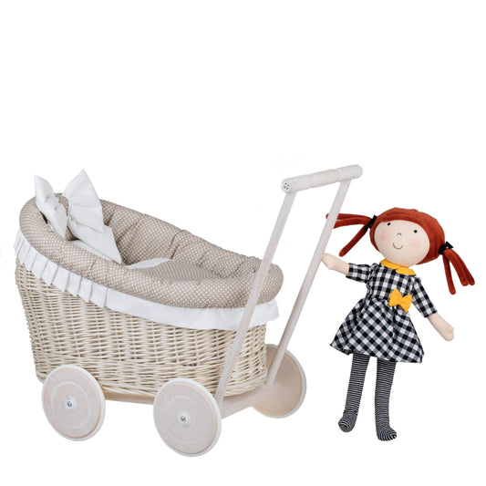 Luna wicker doll stroller with beige trim, blanket, and pillow