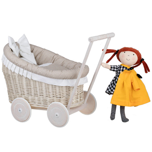 prútený kočík pre bábiky s béžovým lemovaním, prikrývkou a vankúšikom