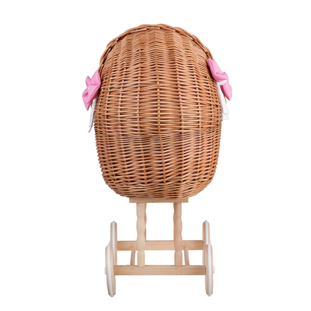 Lili wicker doll stroller with pink trim, blanket, and pillow
