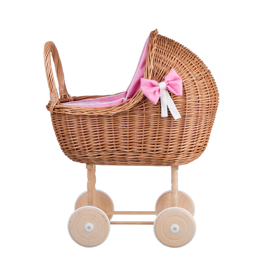 Lili wicker doll stroller with pink trim, blanket, and pillow