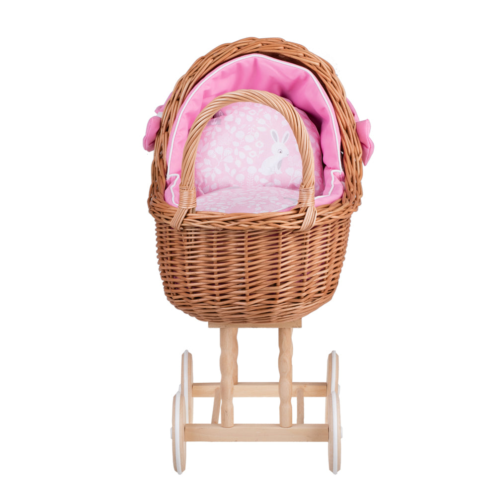 Lili wicker doll stroller with pink trim, blanket, and pillow