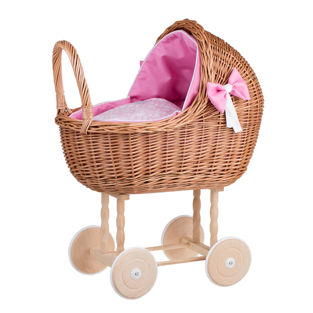 Lili wicker doll stroller with pink trim, blanket, and pillow