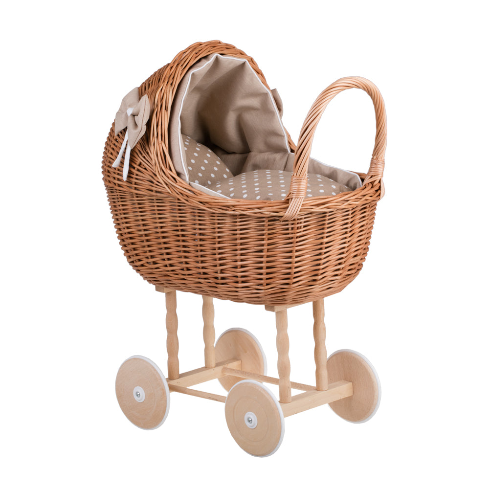 Lili wicker doll stroller and cradle with beige trim, blanket, and pillow