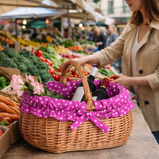 bevásárlókosár fonott fogantyúval és rózsaszín béléssel