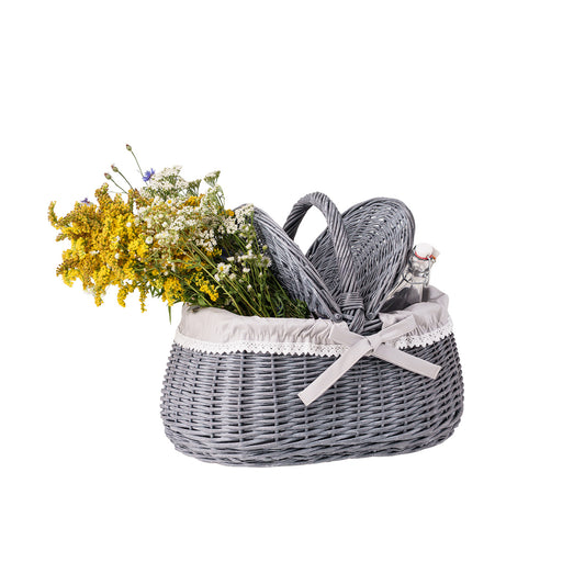 Kardia wicker picnic basket with gray trim, with lid and handle TheWickerStories
