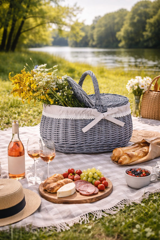 proutěný piknikový koš se šedým lemováním, s víkem a rukojetí