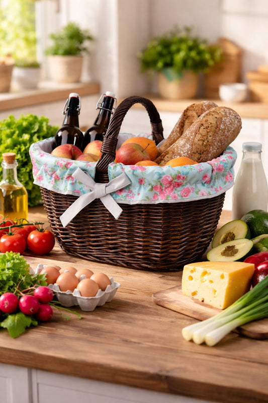 Einkaufskorb mit Weidengriff und grauem Stoffeinsatz