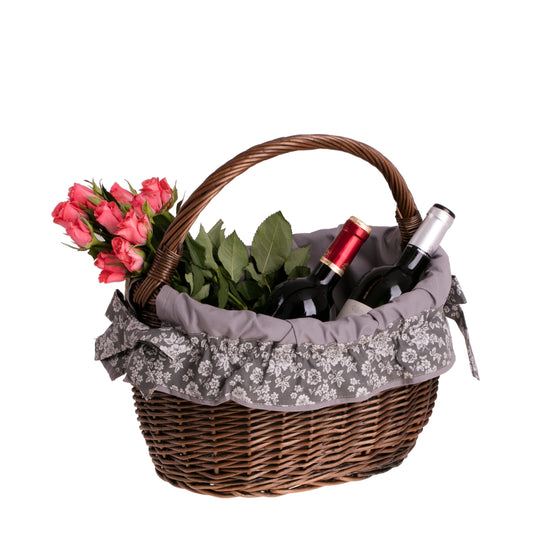 Wavellia wicker shopping basket with gray trim and handle TheWickerStories