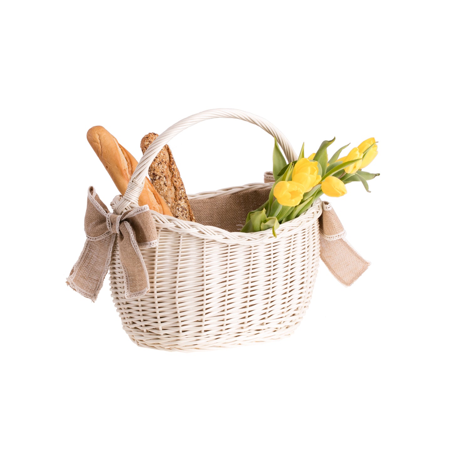 Wavellia Rieten boodschappenmand met juteafwerking, handvat en strikken
