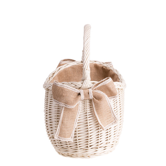 Wavellia wicker shopping basket with jute trim, handle, and bows TheWickerStories