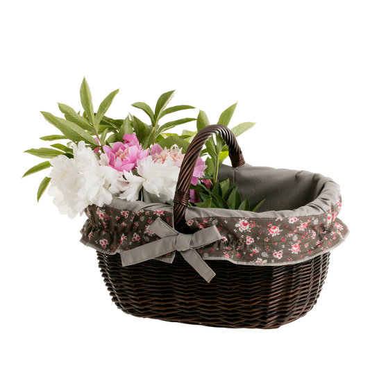 Wilhelmina shopping basket with wicker handle and beige trim TheWickerStories