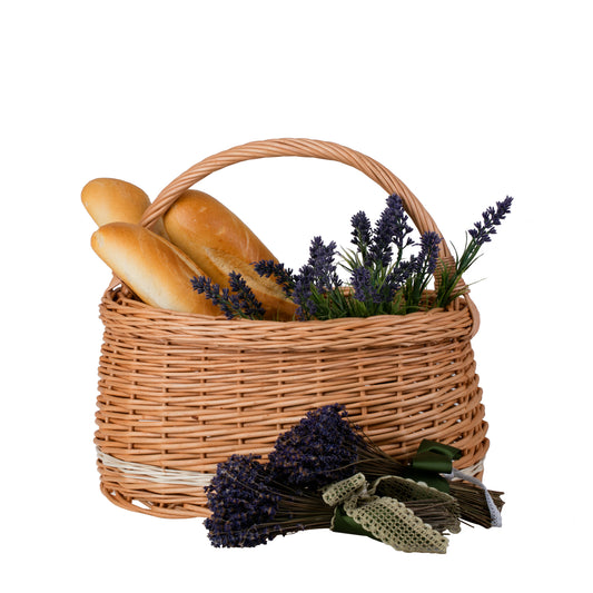 shopping basket with a wicker handle