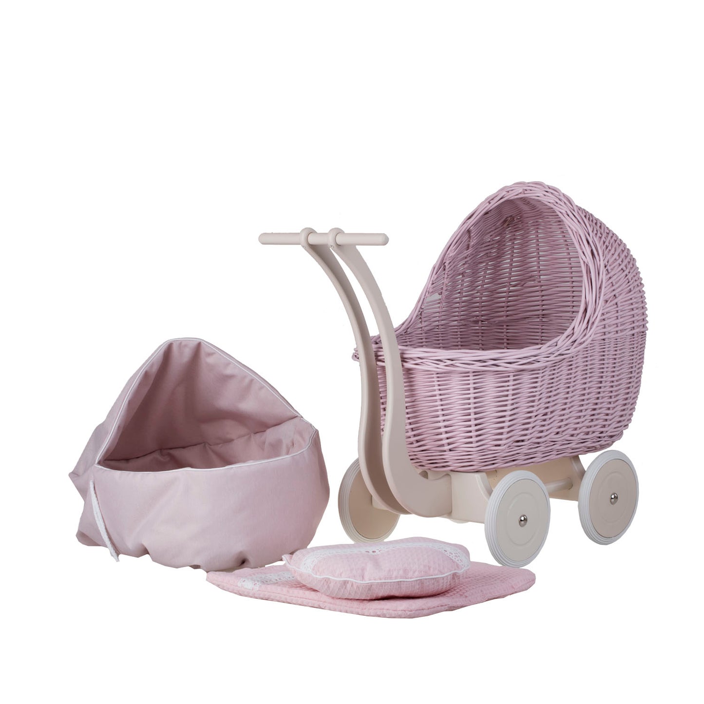 Lili wicker doll stroller with pink trim, blanket, and pillow