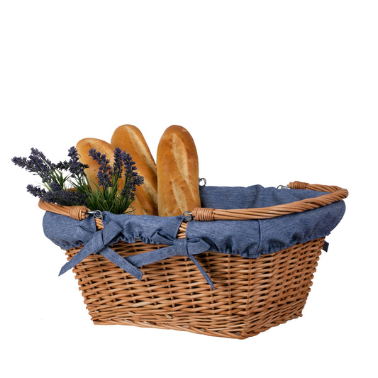 indkøbskurv med fletthåndtag og blå kantning