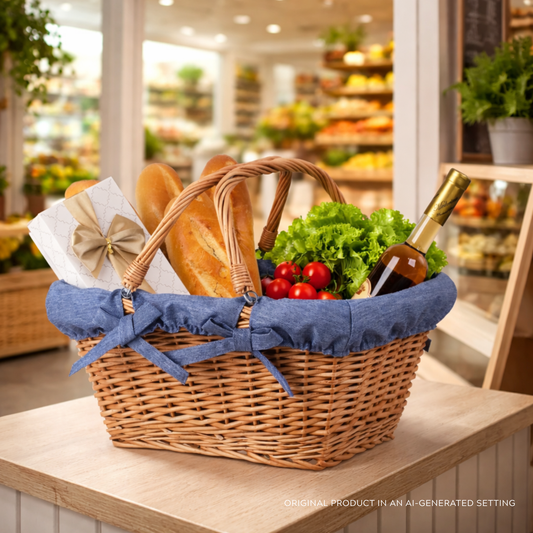 panier de courses avec poignée en osier et bordure bleue