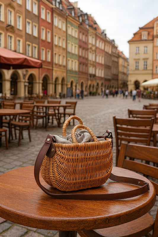 wicker handbag with grey lining and strap
