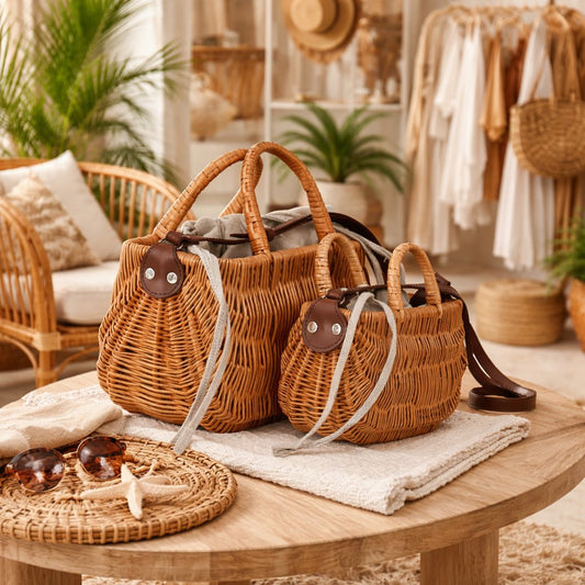 sac à main en osier avec doublure grise et bandoulière