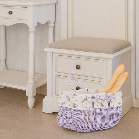 wicker shopping basket with white lining and handles