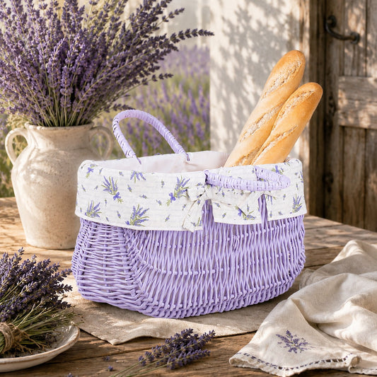 wicker shopping basket with white lining and handles