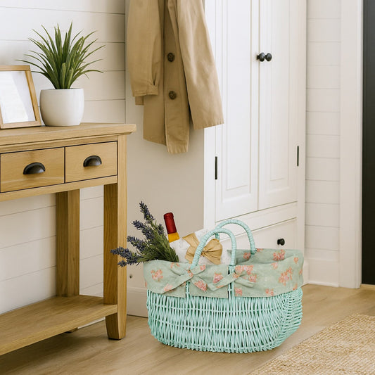 wicker shopping basket with mint lining and handles