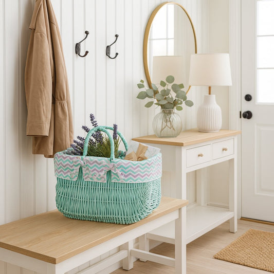 wicker shopping basket with mint lining and handles