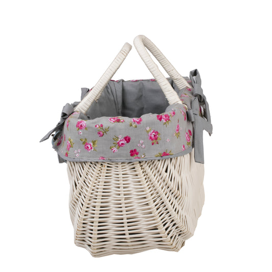 wicker bicycle basket with gray trim and handles