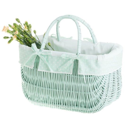 Werlissa wicker shopping basket with mint trim, featuring two handles TheWickerStories