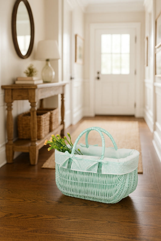 Werlissa wicker shopping basket with mint trim, featuring two handles TheWickerStories