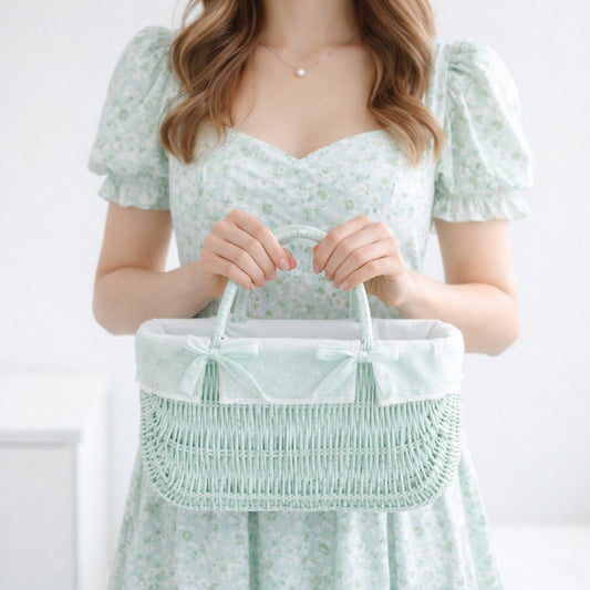 wicker shopping basket with mint trim, featuring two handles