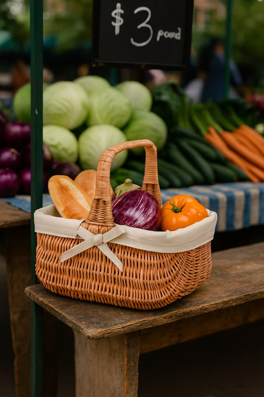 pletena košara s bež podstavom i ručkom