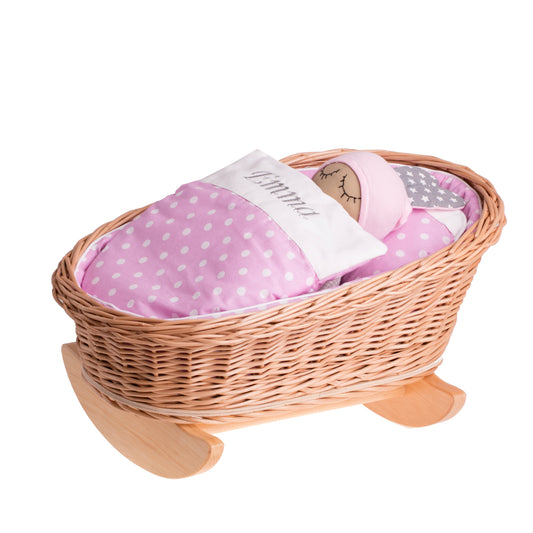 Mimi wicker cradle for dolls with personalization, pink lining, pillow and duvet