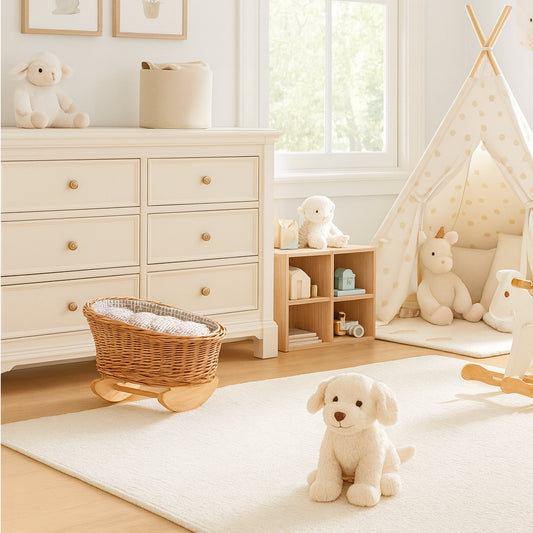 Mimi wicker cradle for dolls with brown lining, pillow and duvet TheWickerStories