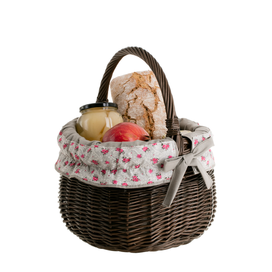 wicker shopping basket with gray trim and handle