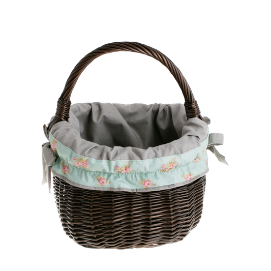 Wictor wicker shopping basket with gray trim and handle TheWickerStories
