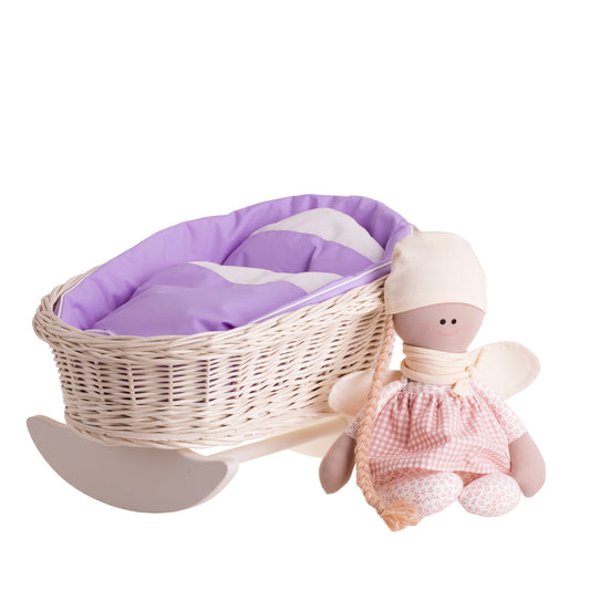 Mimi culla in vimini per bambole con fodera viola, cuscino e piumone TheWickerStories
