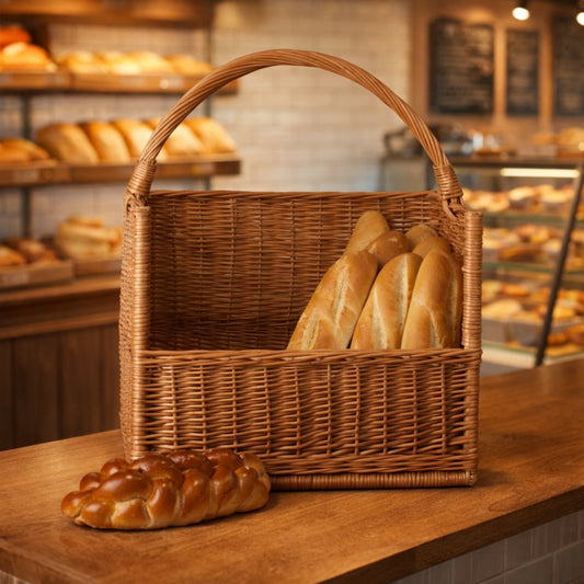 wicker baguette basket for bakery and store with handle