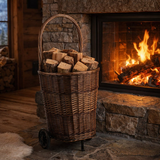 Favoren wicker firewood basket on wheels with handle TheWickerStories