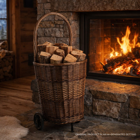 wicker firewood basket on wheels with handle