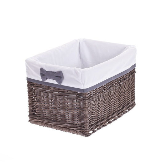 wicker shelf basket with beige trim, featuring handles