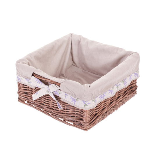 wicker shelf basket with beige trim, featuring handles