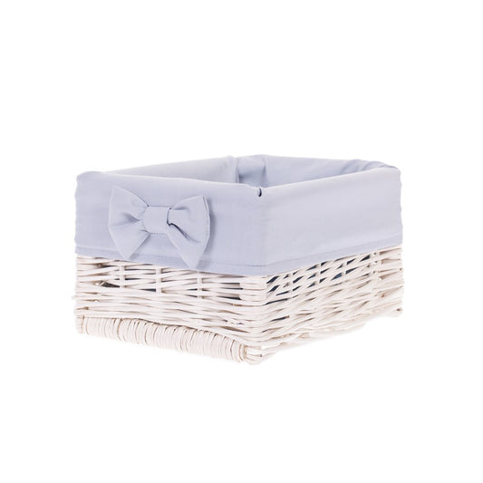 wicker storage basket with blue trim and bow