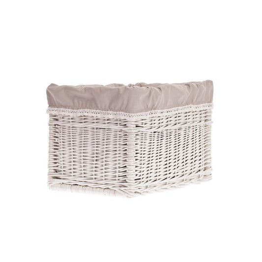wicker storage basket with blue trim and bow