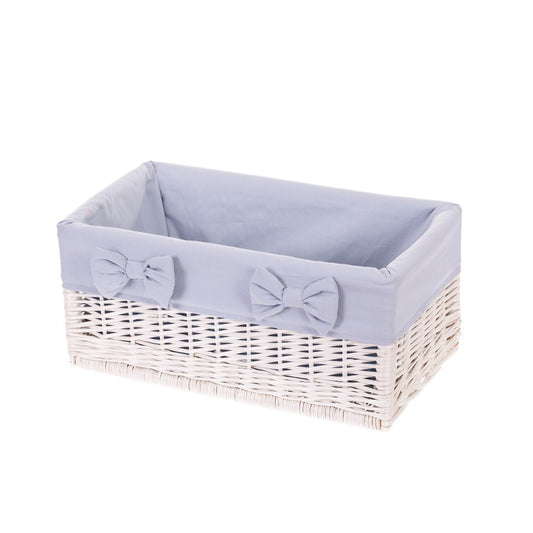 wicker storage basket for shelf with gray trim and bows