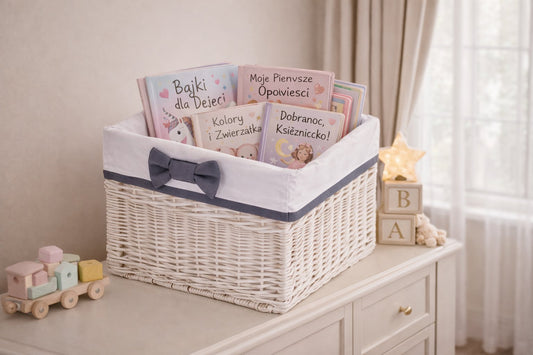 wicker storage basket with white trim, set of 3 pcs, with bows