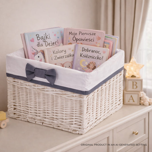 wicker storage basket with white trim, set of 3 pcs, with bows