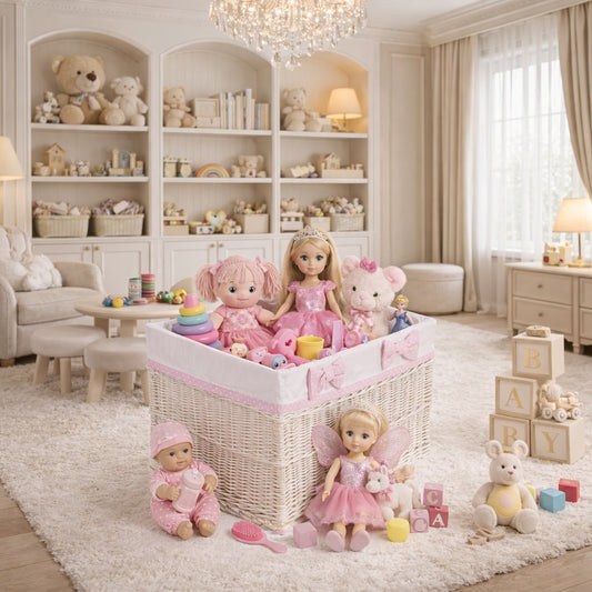 wicker storage basket set with white trim and bows