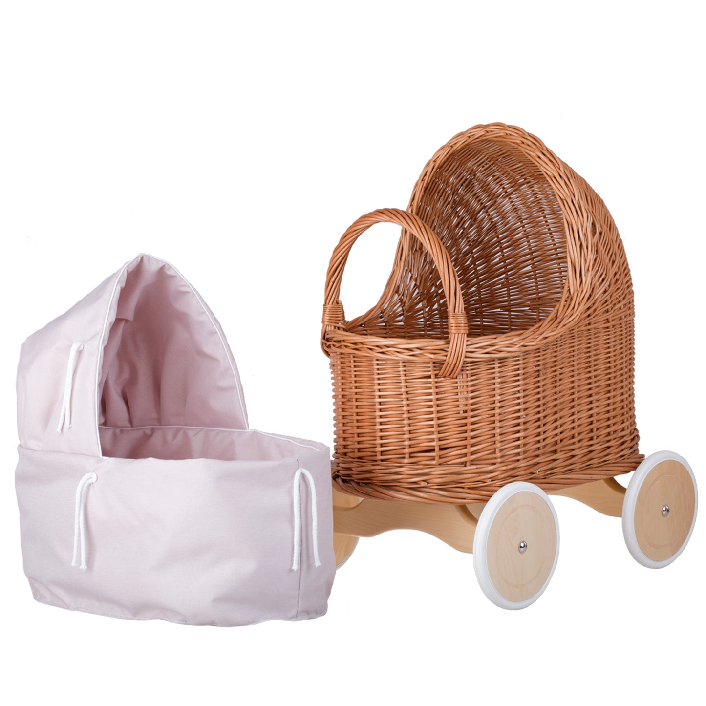 Lara wicker doll stroller with pink trim, blanket, and pillow TheWickerStories