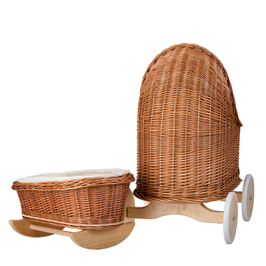 Lara wicker doll stroller and cradle with beige trim, blanket, and pillow TheWickerStories